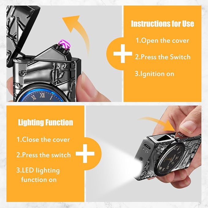 Cool Lighter with Clock Dial Electric Lighter with LED Power Display Plasma Lighter Windproof USB Rechargeable Lighter Gifts for Men Women (Sailboat-Black)