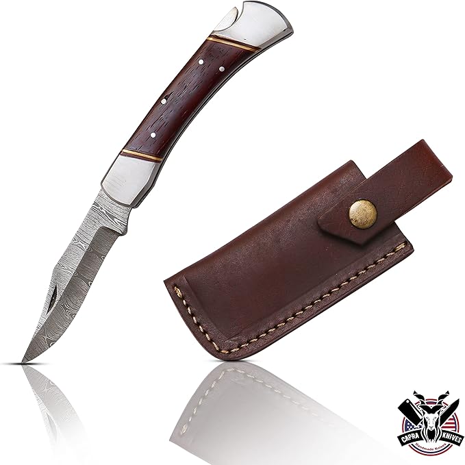 Capra Knives CK-41 Handcrafted Folding Pocket Knife 5” Folded, 9” Long Overall, 8oz Padauk Wood Handle, Damascus Blade with Leather Sheath