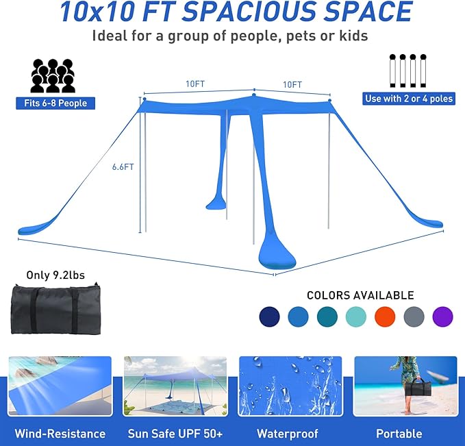 Beach Tent Pop Up Shade Canopy Sun Shelter UPF50+ with 4 Stability Poles/Carry Bag/Ground Pegs/Sand Shovel/Windproof Ropes Portable Outdoor Family Sunshade for Beach Camping(Royal Blue10×10FT)