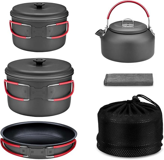 Alocs Camping Cookware Set,Durable Aluminum Camping Cooking Set, Compact Camping Pots and Pans Set with Kettle, Non-Stick Camping Pan Camping Essentials for Outdoor Cooking, Hiking, and Picnics.