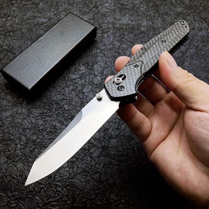 HUAAO 7.7in EDC Pocket Knife, 3.6in Reverse Tanto Blade with Thumb Stud, Plain Edge D2 Steel, Black Carbon Fiber Handle with Belt Clip Axis Lock Mechanism for Outdoor Camping