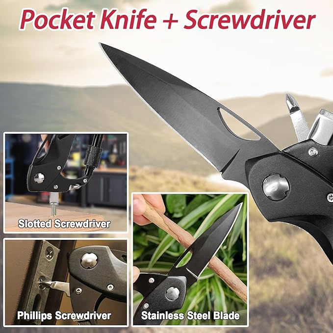 Carabiner with Knife, Multitool Carabiner Pocket Knife, Folding Sharp Knives, Sturdy Handy Tool, Belt Cutter, Bottle Opener, Window Breaker, Screwdriver, for Safety in Car, Camping, Hiking