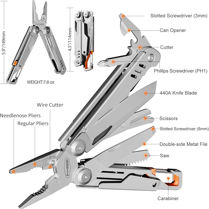Multitool, 13-in-1 Stainless Steel Multi-Tool Pliers with Sheath, Safe Locking, Carabiner, Professional Pocket Tools for Fishing & Camping