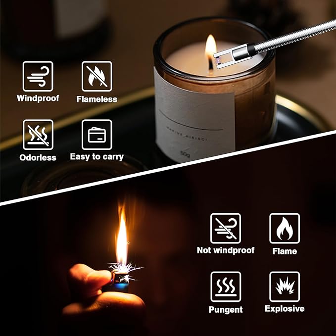 Rechargeable Candle Lighter, Electric Lighter with LED Power Display, flameless Windproof Long Lighter, 360° Flexible Neck, for Candles, Camping, Barbecue(2 Pack)