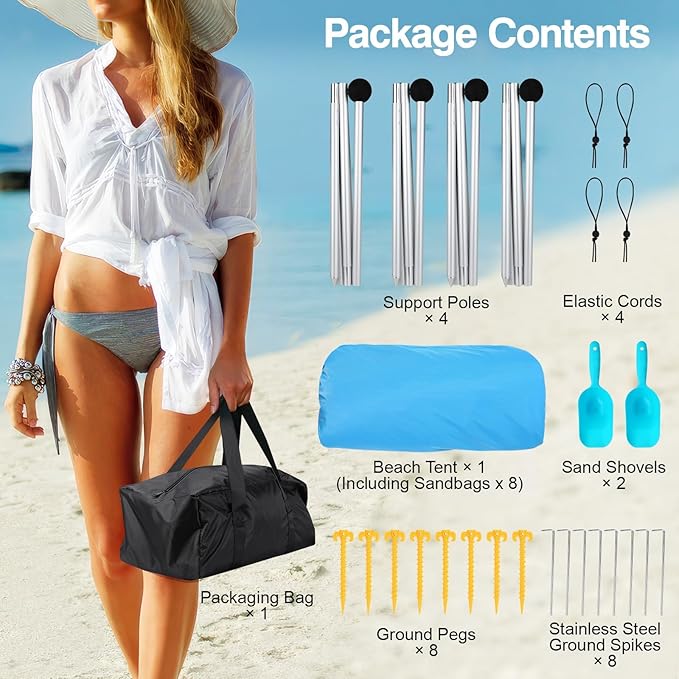 Rhino Valley Beach Tent Sun Shelter, Beach Canopy Tent Sun Shade UPF50+ Protection with 8 Sandbags 4 Stability Poles, Outdoor Beach Shade Canopy for Beach, Camping, Fishing