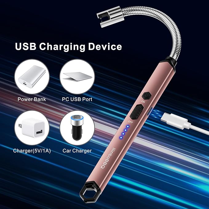 iinboBBQ Lighter Electric Lighter Rechargeable USB Candle Lighter with LED Battery Display Arc Lighter with Flexible Neck Flameless Long Lighters for Candles Grill BBQ Camping (Rose Gold)