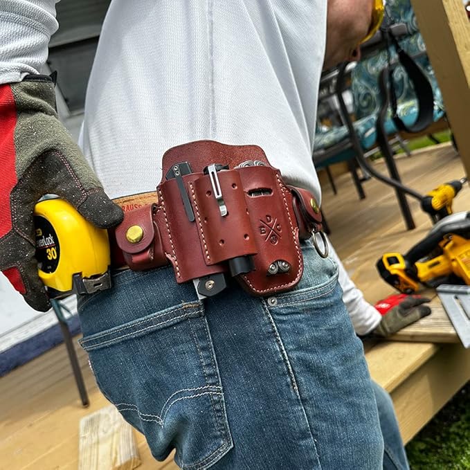 Multitool & Flashlight Holster, Leather EDC Organizer Belt Pouch Fits Multitool, Knife, Flashlight, Keys - Compatible with Heavy Duty Leatherman, Gerber, SOG Multitools