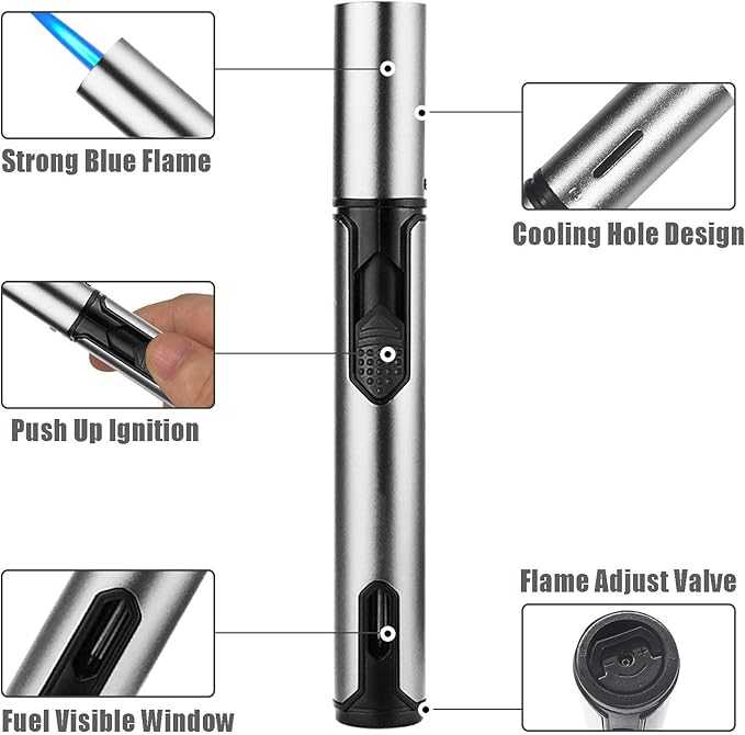 Anrapley Butane Torch Lighter, 6.0in Long Candle Lighter with Fuel Level Window, Windproof Pen Lighter Adjustable Jet Flame for Grill Kitchen Fireplace Camping BBQ, Silver(Gas not Included)
