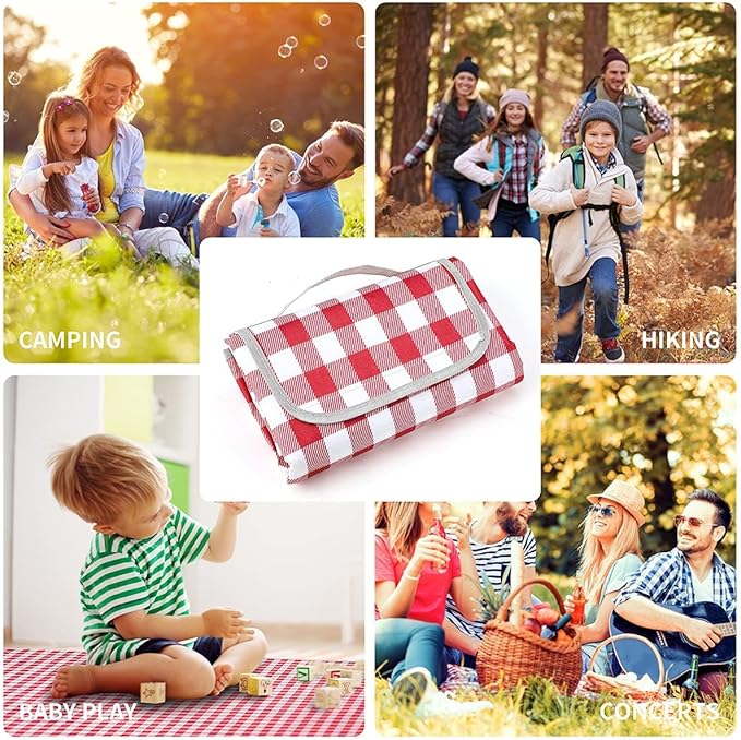 TONDAZHIYO Picnic Blankets Waterproof Foldable ,80”x60” Beach Blanket,Camping Sand mat, Large sandproof Lightweight Outdoor Blankets, Park (red & White)