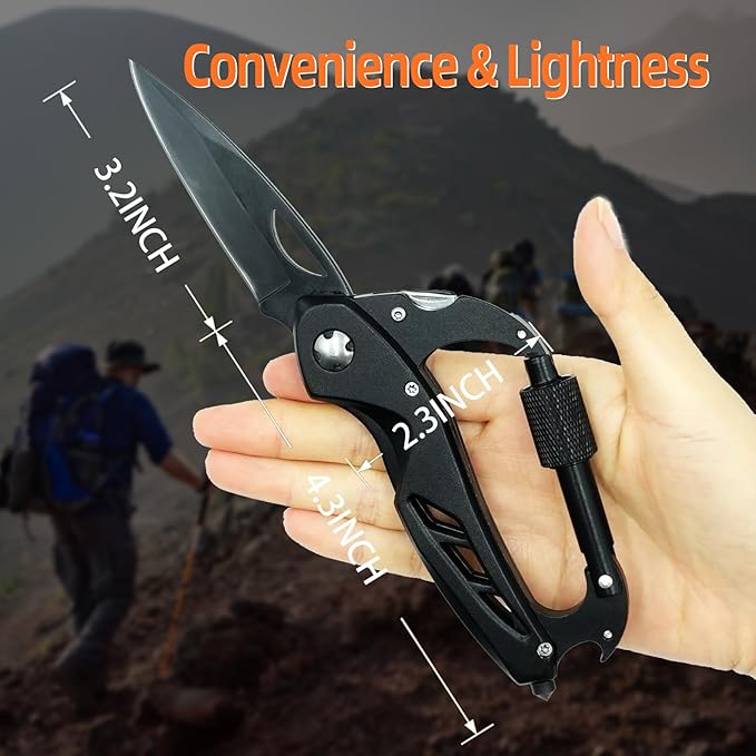 Multitool Carabiner with Pocket Knife EDC Carabiners Keychain with Bottle Opener Folding Knives Bottle Opener Window Breaker and Screwdriver Survival Gear for Camping Hiking