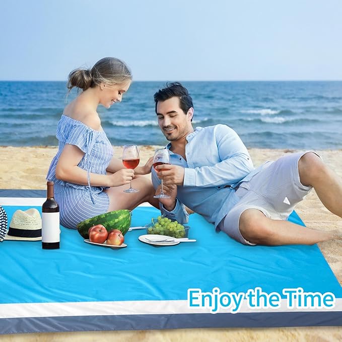 Beach Blanket Sandproof Waterproof, Large Beach Mat Lightweight Portable Quick Drying for Picnic Camping Hiking Travel Beach Accessories (1, BlueWhiteGrey, 83x79 Inches)