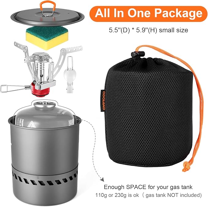 Odoland Portable Pot with Backpacking Stove 5-in-1 Energy Saving Camping Cookware Mess Kit for Hiking, Trekking, Fishing and Picnic