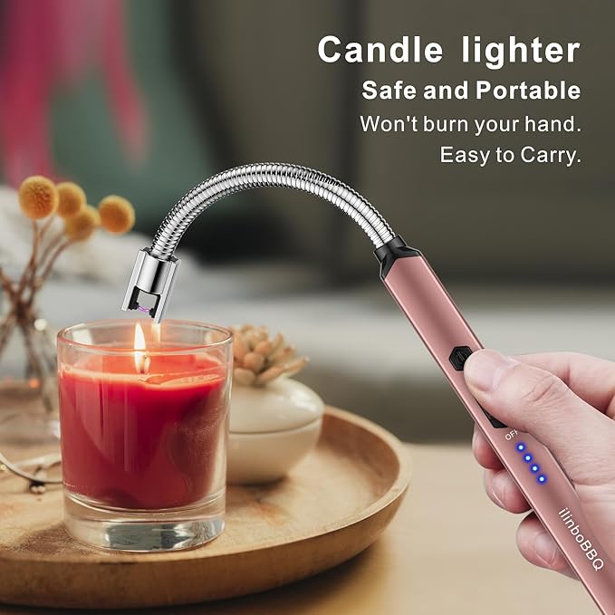 iinboBBQ Lighter Electric Lighter Rechargeable USB Candle Lighter with LED Battery Display Arc Lighter with Flexible Neck Flameless Long Lighters for Candles Grill BBQ Camping (Rose Gold)