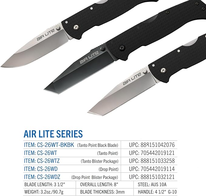 Cold Steel Air Lite 3.5" AUS10A Drop Point Blade 4.5" G-10 Handle Everyday Carry Compact Pocket Folding Knife w/Tri-Ad Lock