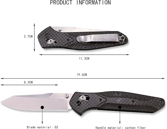 HUAAO 7.7in EDC Pocket Knife, 3.6in Reverse Tanto Blade with Thumb Stud, Plain Edge D2 Steel, Black Carbon Fiber Handle with Belt Clip Axis Lock Mechanism for Outdoor Camping
