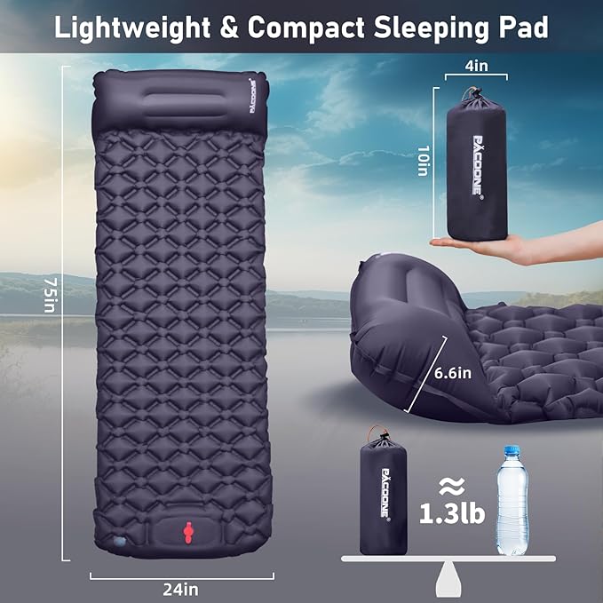 Camping Sleeping Pad with Compass, Ultralight Inflatable Sleeping Mat with Pillow, Built-in Foot Pump, Portable Camping Air Mattress for Backpacking Hiking Traveling Tent (Navy)