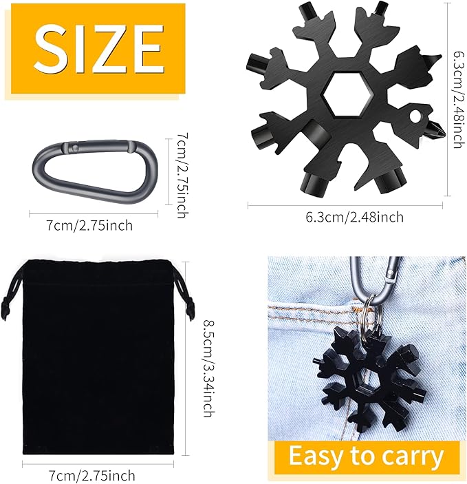 FZENeast Snowflake Multitool, 2 Pcs 18-in-1 Stainless Steel Snowflake Standard Multi-Tool, Snowflake Wrench with Key Ring, Carabiner Clip and Storage Bag (Black)