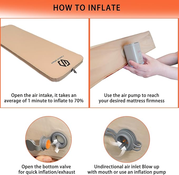 Self Inflating Sleeping Pad,4" Extra Thick Memory Foam Camping Pad, 60S Fast Air Self-Inflating Camping Mattress Pads, 4 Season Sleeping Mat for Camping Rooftop Tent Car Truck Van