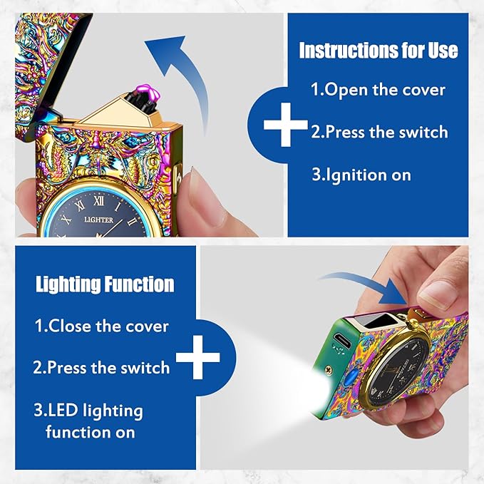 Cool Lighter with Clock Dial Electric Lighter with LED Power Display Plasma Lighter Windproof USB Rechargeable Lighter Gifts for Men Women(ColorsDragon)
