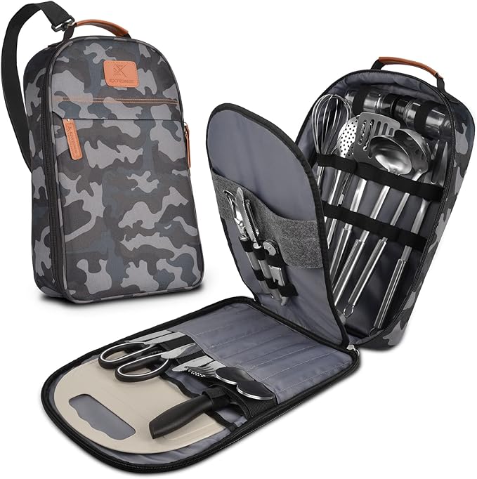 Extremus 27 Pcs Camp Kitchen Cooking Utensil Set Cookware Kit - Travel Organizer Grill Accessories Portable Compact Gear for Backpacking BBQ, Dark Gray Camo