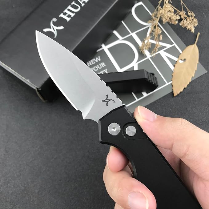 HUAAO Button Lock Folding Pocket Knife, Speed Safe Assisted Opening Knife for Men, D2 Steel Blade with T6 Aluminium Handle, Upgraded Indoor and Outdoor EDC Knife., black