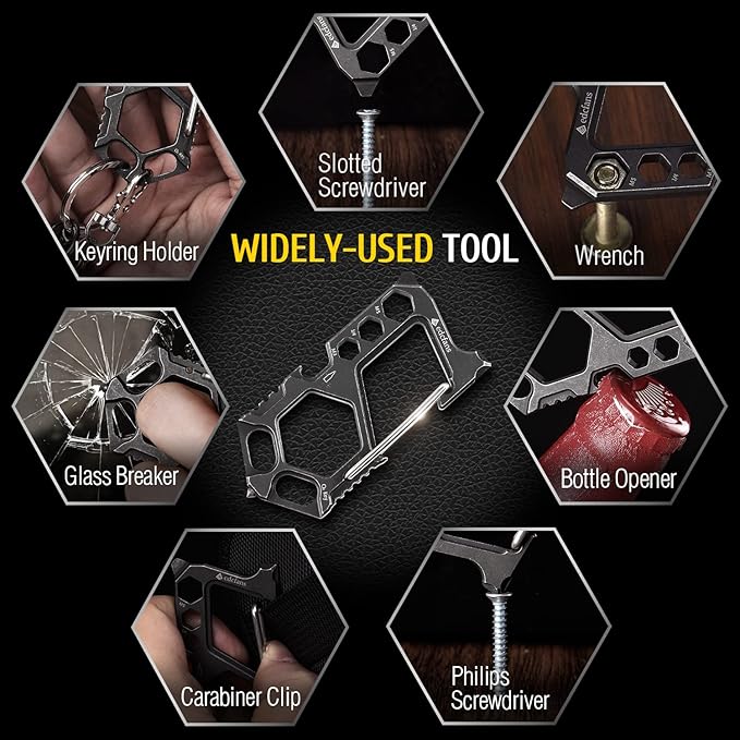 Carabiner Keychain Stainless Steel Multitool - 11 in 1 Tactical Keychain - Glass Breaker,Bottle Opener, Wrench, Screw Drivers, Key Clip, EDC Keychain for Men