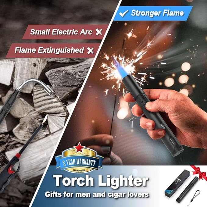 Torch Lighter, Butane Lighter with Fuel Level Window for Candle, Adjustable Fire Jet Torch Windproof Lighter Long for Grill Cooking Survival, Mini Men Gifts, Black (Lighter Fluid not Included)