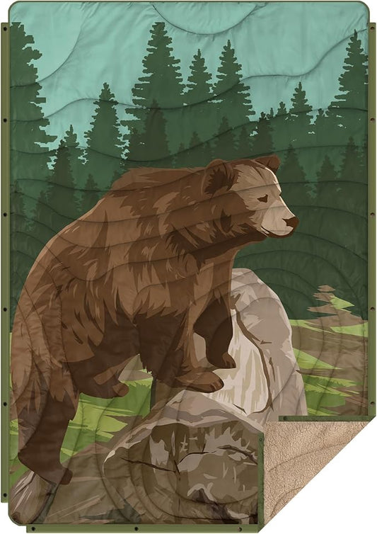 Outdoor Camping Blanket with Sherpa Lining, Extra Warm Thick Camp Blankets & Puffy Ultralight Soft Poncho DWR Camping Quilt for Cold Weather, Adventure,Sleeping,Backpacking 56"x 40"