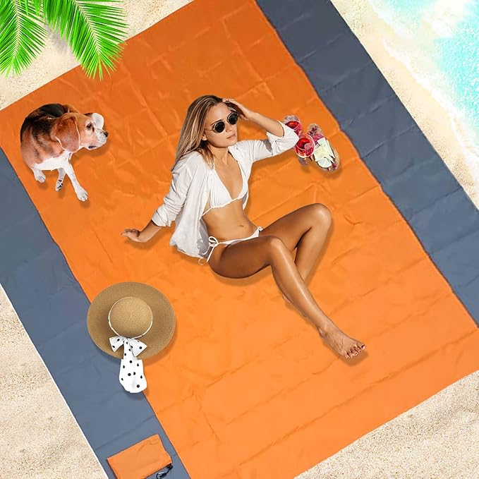 Orange Beach Blanket, Large Oversized Beach Mat Intimate Choice of Beach Accessories for Outdoor Travel Camping Hiking Good Gift (L-OrangeGrey)