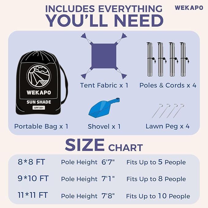 WEKAPO Beach Tent Sun Shelter - Easy Setup Beach Canopy with 4 Sturdy Poles, Large Sandbags and Shovel, 7'1'' Tall, Windproof Sun Shade for Backyard and Camping, UPF 50+ Protection