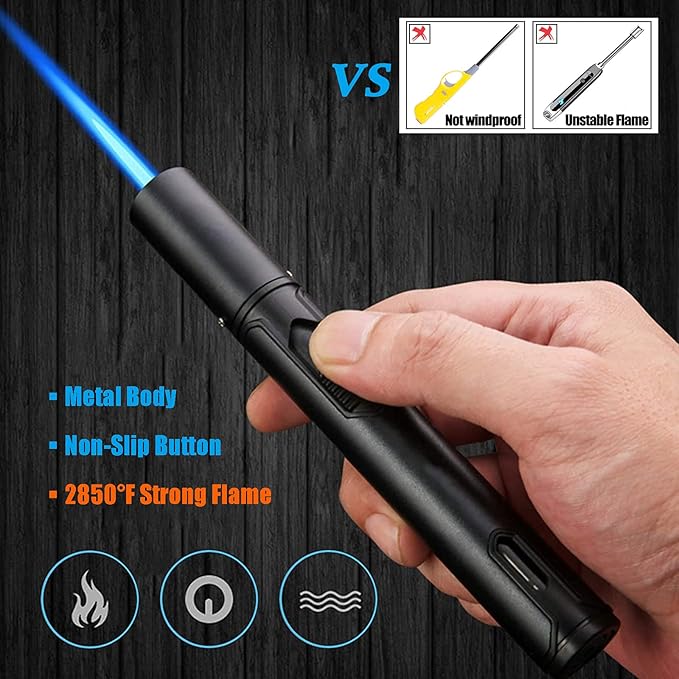 Anrapley Lighter, 6.0in Long Butane Torch Lighter with Fuel Level Window, Windproof Pen Lighter Adjustable Jet Flame for Candle Fireplace Grill Kitchen BBQ, Dad Gifts, Black(Gas not Included)