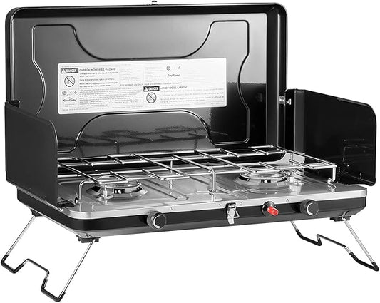 Camping Stove 2 Burner, Portable Propane Stove 20000 BTU with Regulator, Integrated Igniter & Stainless Steel Drip Tray & Built-in Handle & Foldable Legs for Outdoor Cooking and Travel
