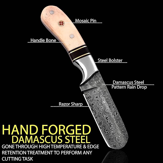 Handmade Damascus Steel Bull Cutter Knife with Pancake Leather Sheath, Fixed Blade Cowboy Knife with Bone/Walnut Handle, Utility Knife, EDC Hunting knife (Camel Bone)