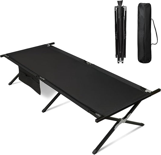 WLIVE Military Camping Cot, Portable Folding Cots for Sleeping with Carry Bag, Outdoor Camping Bed for Adults with Side Pocket, Support 300 Lbs, Black