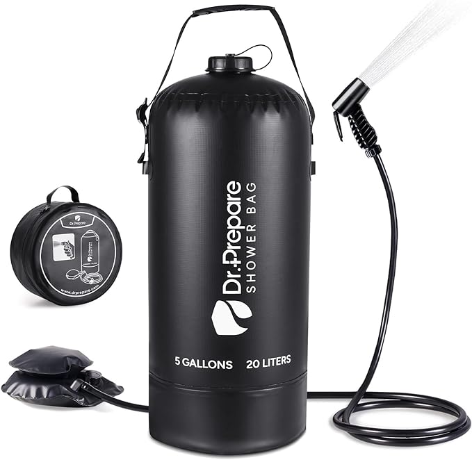 DR.PREPARE Camping Shower, 4 Gallons/5 Gallons Portable Camp Shower with Foot Pump, Dual Shower Options, Large Water Inlet, Portable Outdoor Shower for Camping, Beach, Hiking, Climbing