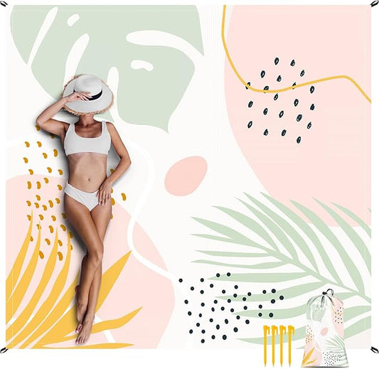 Beach Blanket, 78''×86'' Large Waterproof Sandproof Picnic Blanket for 2-4 Adults, Lightweight Compact Pink Sand Free Outdoor Mat w/ 4 Stakes for Camping, Travel, Hiking, Beach Accessories