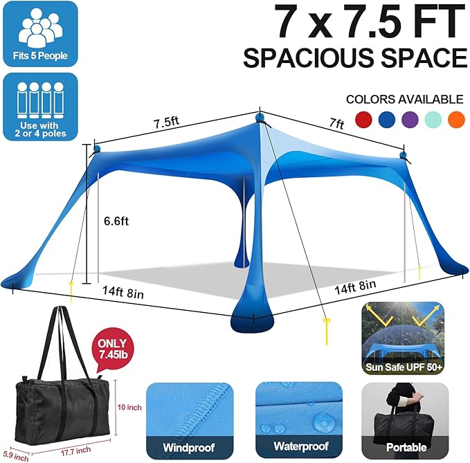 Buheco Beach Tent Pop Up Shade 7x7.5ft Beach Canopy Sun Shelter UPF50+ with 4 Foldable Poles-Portable Carrying Bag-Sand Shovel-Ground Pegs-Windproof Ropes for Outdoor Family Camping-Fishing-Picnic