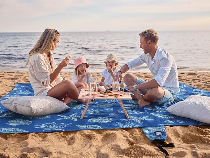 WEKAPO Beach Blanket Waterproof Sandproof Oversized, Extra Large Beach Mat Sand Free, Lightweight & Compact Sand Free Mat with 6 Stakes & 4 Corner Pockets