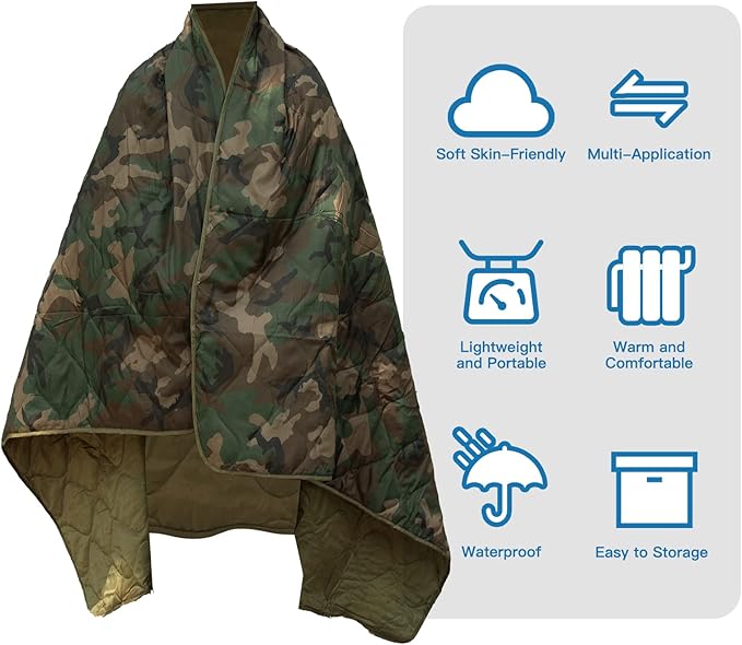 Military Poncho Liner 55”x 79” Camping Blanket Woobie Compact Waterproof for Travel Stadium Outdoor Camping