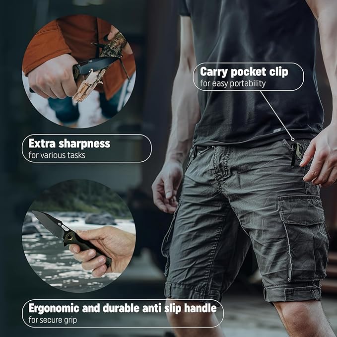 Folding Pocket Knife for Men - EDC Tactical Knife with Pocket Clip, Indoor & Outdoor, Camping, Survival Hiking & Gifts for Men, Every Day Carry, Lightweight (Green Micarta)
