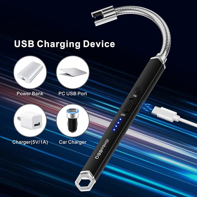 iinboBBQ Lighter Electric Lighter Rechargeable USB Candle Lighter with LED Battery Display Arc Lighter with Flexible Neck Flameless Long Lighters for Candles Grill BBQ Camping (Black)