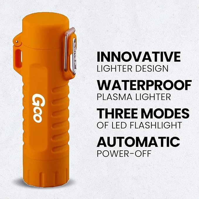 Goo Sticks USB Electric Lighter - Waterproof Plasma Lighter with LED Flashlight - Plasma Rechargable Candle Lighter - Flameless, Windproof Arc Lighter - Hiking & Camping Accessories (Orange)