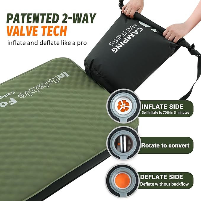 Self Inflating Sleeping Pad, 4in Ultra-Thick Foam Camping Cot Mattress with Air Pump Sack, Sleeping Mat for Adults Inflatable Camping Pad Mattress, Cot Bed, Travel, Car, Tent, Home, Army Green