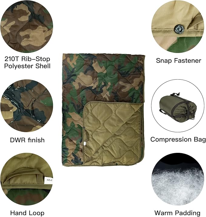 Military Poncho Liner 55”x 79” Camping Blanket Woobie Compact Waterproof for Travel Stadium Outdoor Camping