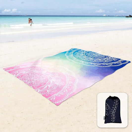 Sunlit Silky Soft 106"x81" Boho Sand Proof Beach Blanket Sand Proof Mat with Corner Pockets and Mesh Bag for Beach Party, Travel, Camping and Outdoor Music Festival, Blue and Pink Mandala