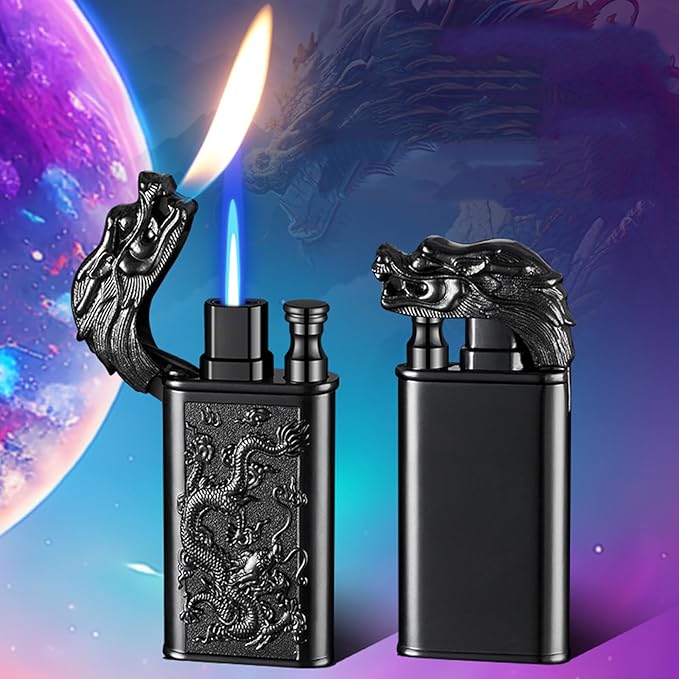 Torch Lighter, Relief Dragon Design Magic Dual Flame Lighter with Adjusting Flame Tool, Creative Windproof Lighter, Cool Jet Flame Butane Lighter, Refillable Butane Lighter for Outdoor Indoor