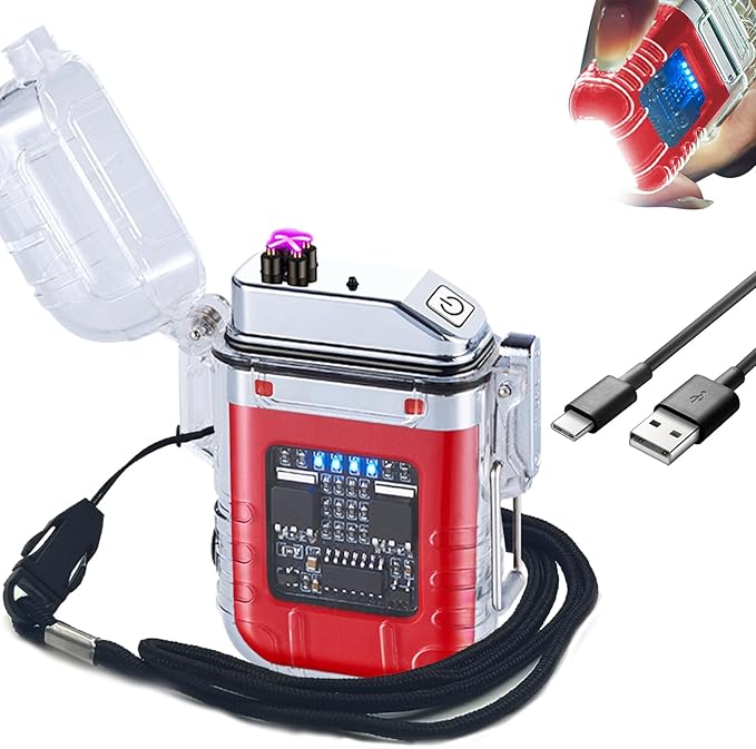 BABOBIU Electric Lighter Arc Lighter Flameless USB Rechargeable Lighter Waterproof Windproof Lighter with Portable Flashlight for Candles, Incense, Fireworks (Red)