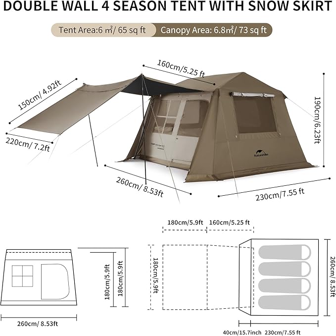Naturehike Village Camping Tent,4/6/8 Person Tents for Camping, 60S Easy Setup Instant Tent for Family Camping, Car Camping
