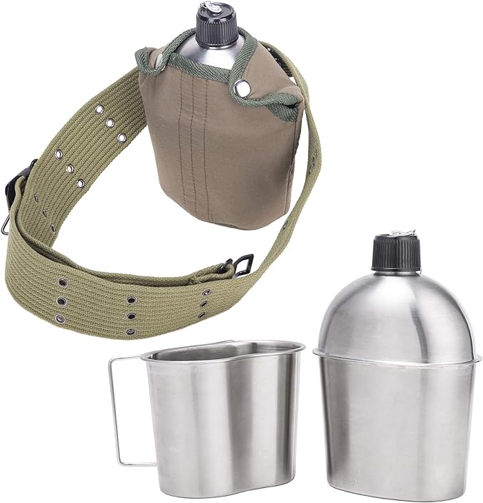 G.I. Army Stainless Steel Canteen Military with Cup and Green Nylon Cover Waist Belt for Camping Hiking Climbing (Cup with Foldable Butterfly Handle)