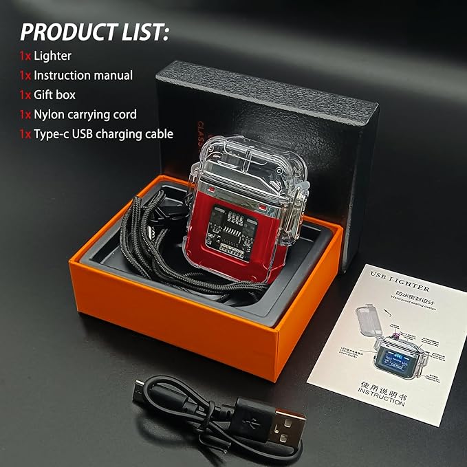BABOBIU Electric Lighter Candle Lighter Windproof Waterproof Flameless USB Rechargeable Lighter with Portable Flashlight Gift for Father's Day, Christmas, Birthday (Red)